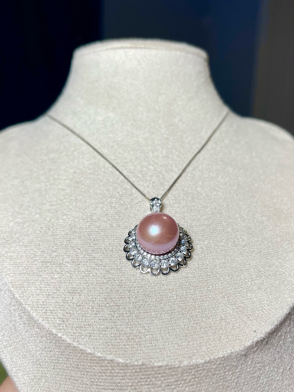 Pink Genuine Pearl and Crystal 925 Silver Pendant